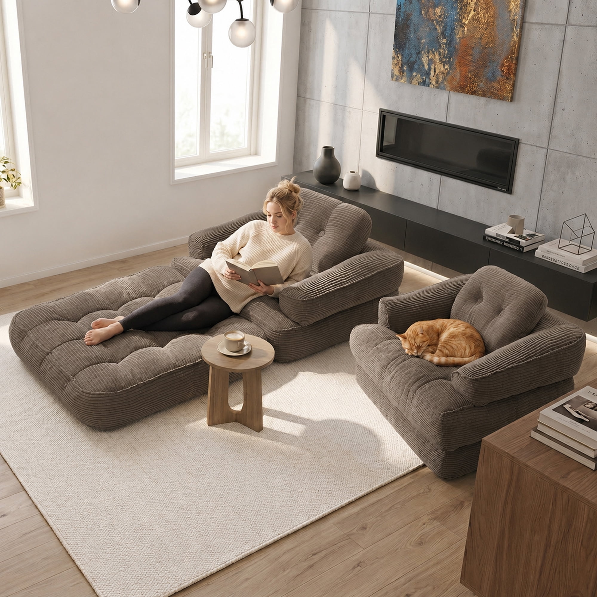 Leumius Folding Sofa Bed, Convertible Sofa Bed with Armrest, Corduroy Boneless Foldable Bed, 2-in-1 Portable Sofa Bed with Pillows for Bedroom, Living Room, Homestay, Game Room Coffee
