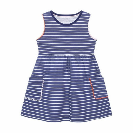 

Icvfdpl Toddler Crew Neck Solid Color Comfort Waist Sleeveless Summer Striped Swing Two Pocket Casual Outing For 2 To 7 Years Easily Fit Dresses
