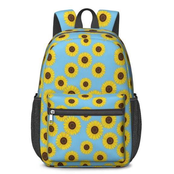 Sunflower Blue Pattern 17" Waterproof Oxford School Backpacks for Teens, S-Shape Padded Straps, for School, Travel, Hiking, Camping