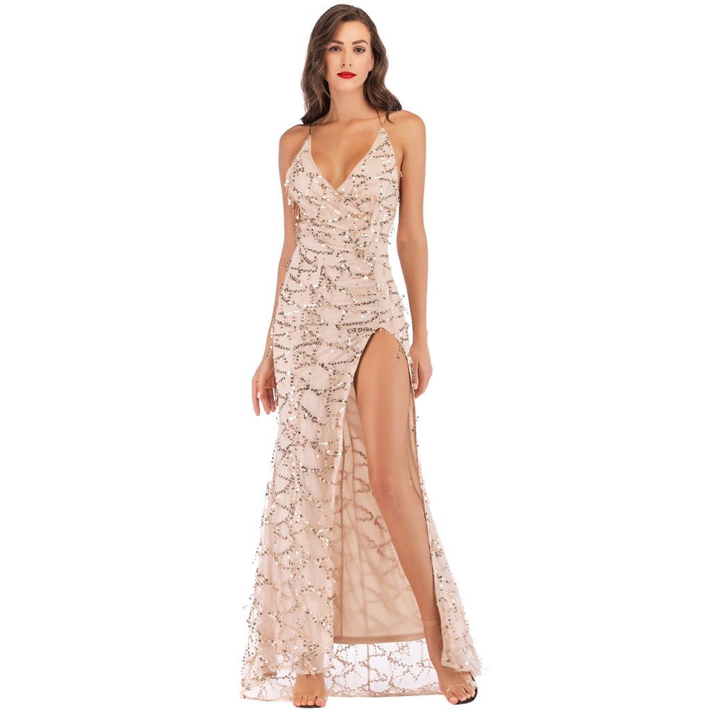 Women V Neck Maxi Sequin Cocktail Prom Gown Dress