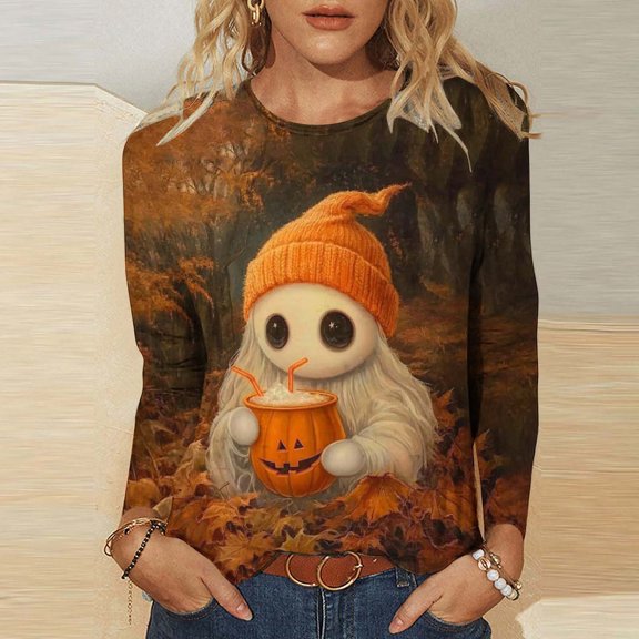 Ounisa Women's Halloween Print Crew Neck Long Sleeve Top, Soft Casual Pullover with Fun Graphic for Fall Season