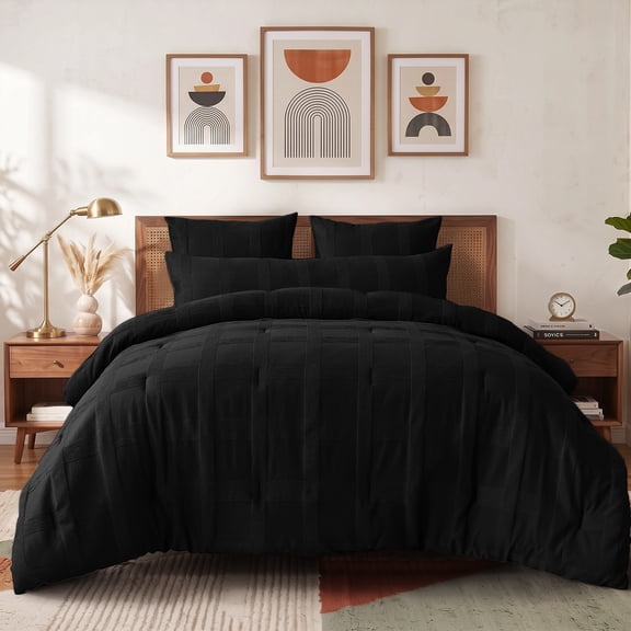 Regency Heights Full/Queen Size Comforter Set – Black Striped Woven Bedding, 4-Piece Bed set with Body Pillow Sham, Machine Washable for All Seasons
