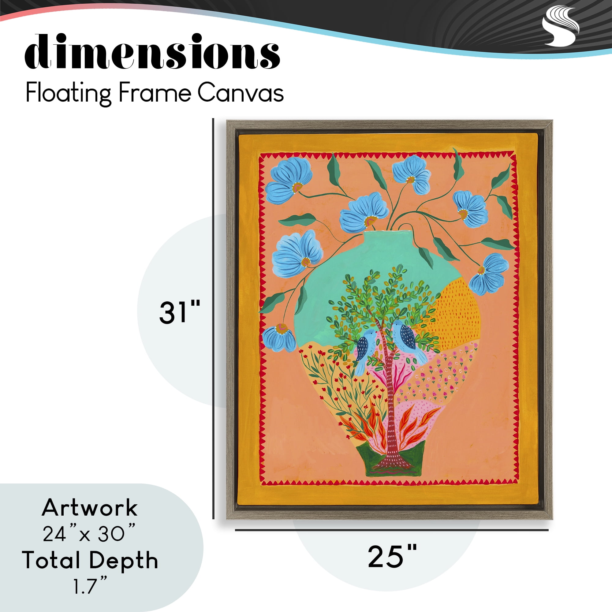 Bluebirds & Boho Flower Vase Brown Framed Floater Canvas Wall Art, design by Nabeela Rumi