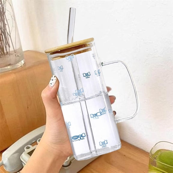 TAROFISH Heat-Resistant Glass Cup with Straw 400ml Leakproof Lid Cold Drink Tumbler for Juice Milk Beverages Home Office Use 5.31 Inch,F ,1PC