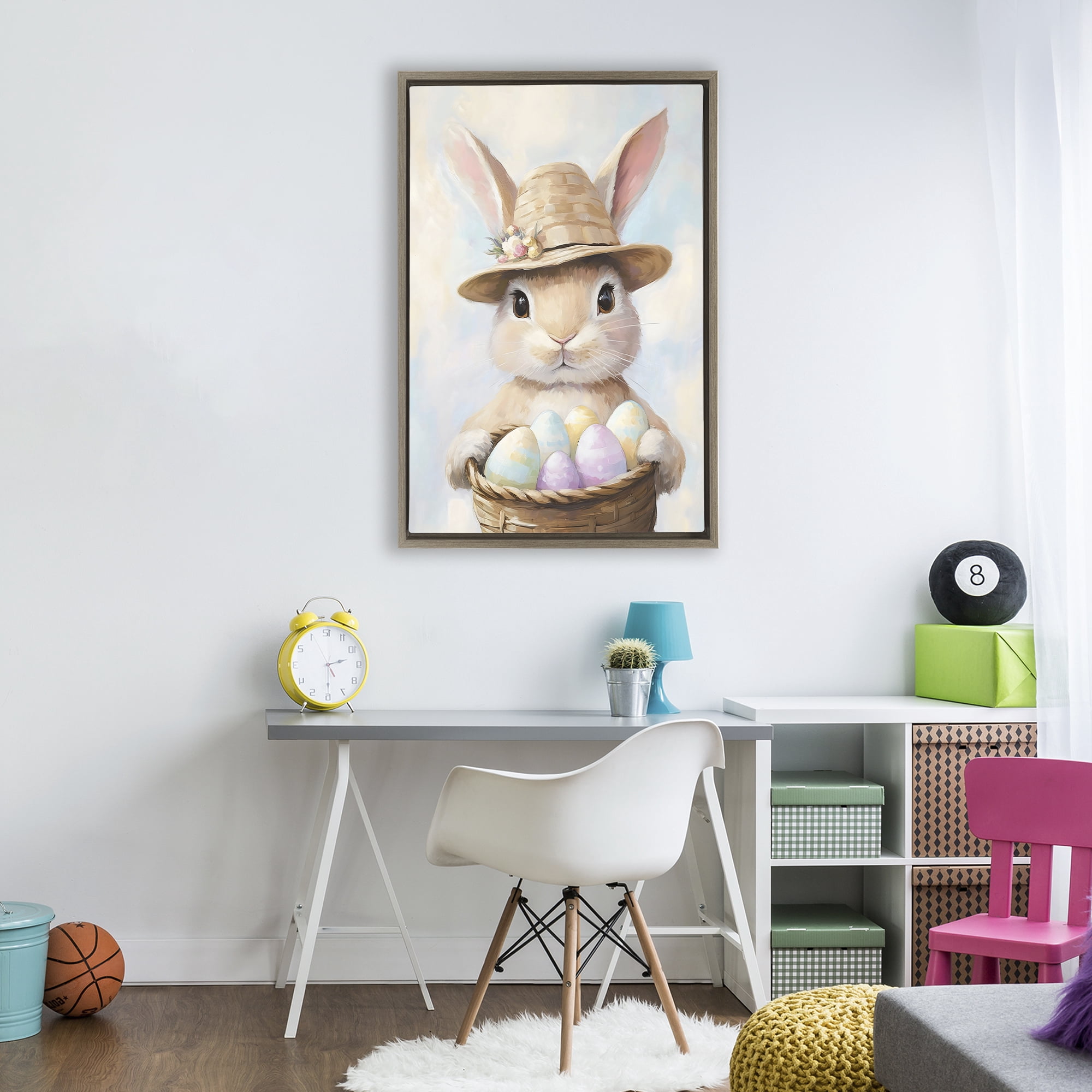 Stupell Industries Bunny with Easter Egg Basket Brown Framed Floater Canvas Wall Art, design by The Prints Vibe