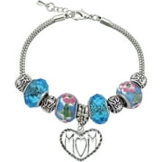 Silvertone Mom Charm and Glass Beads Bracelet with Extender, 7.5"