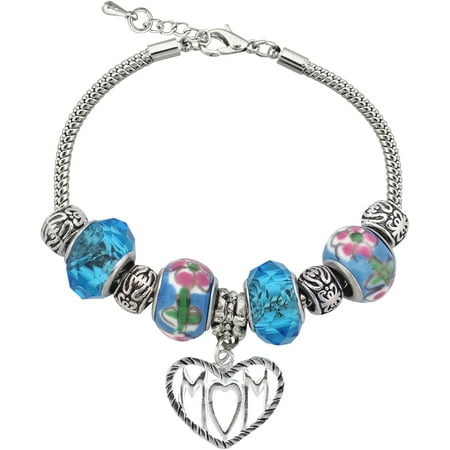 Silvertone Mom Charm and Glass Beads Bracelet with Extender, 7.5