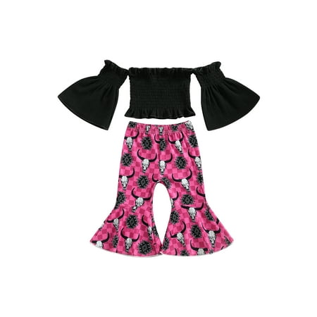 

Peyakidsaa Kids Toddler Baby Girls Clothes Mandarin Sleeve Off Shoulder Tops Long Bell-Bottoms Pants Casual Outfits