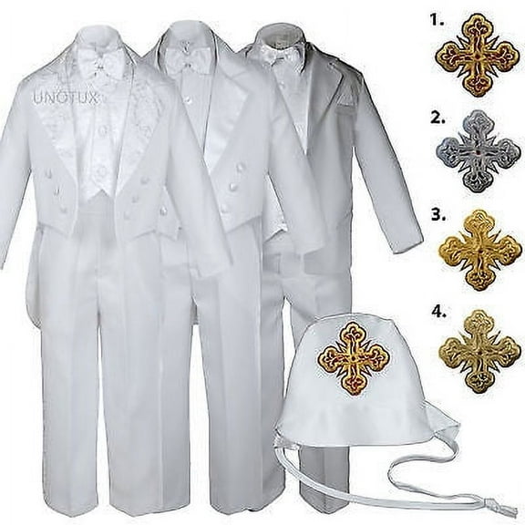 White Baby Toddler Boys Easter Christening Baptism Formal Tuxedo Suits Cross Hat
