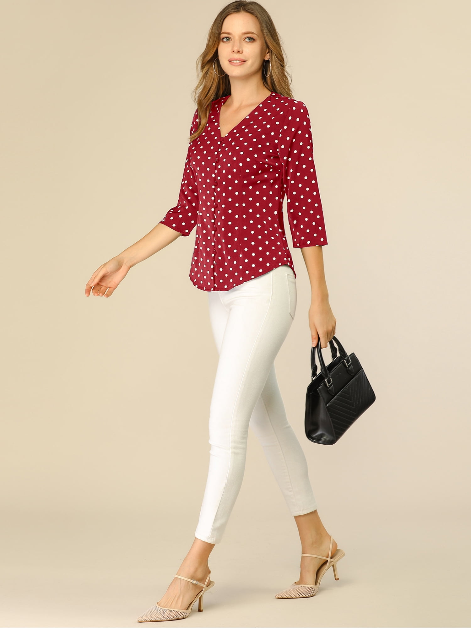 DARING DIVA Women's V Neck Polka Dots 3/4 Sleeve Casual Button Blouse XXL Red