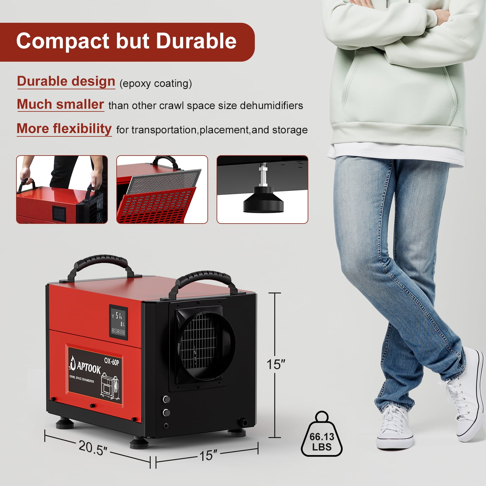 110 Pint Commercial Dehumidifier with Drain Hose for Crawl Spaces, Basements, Industry Water Damage Unit, Large Capacity, Compact, Portable, Auto Defrost, Memory Starting（Red)