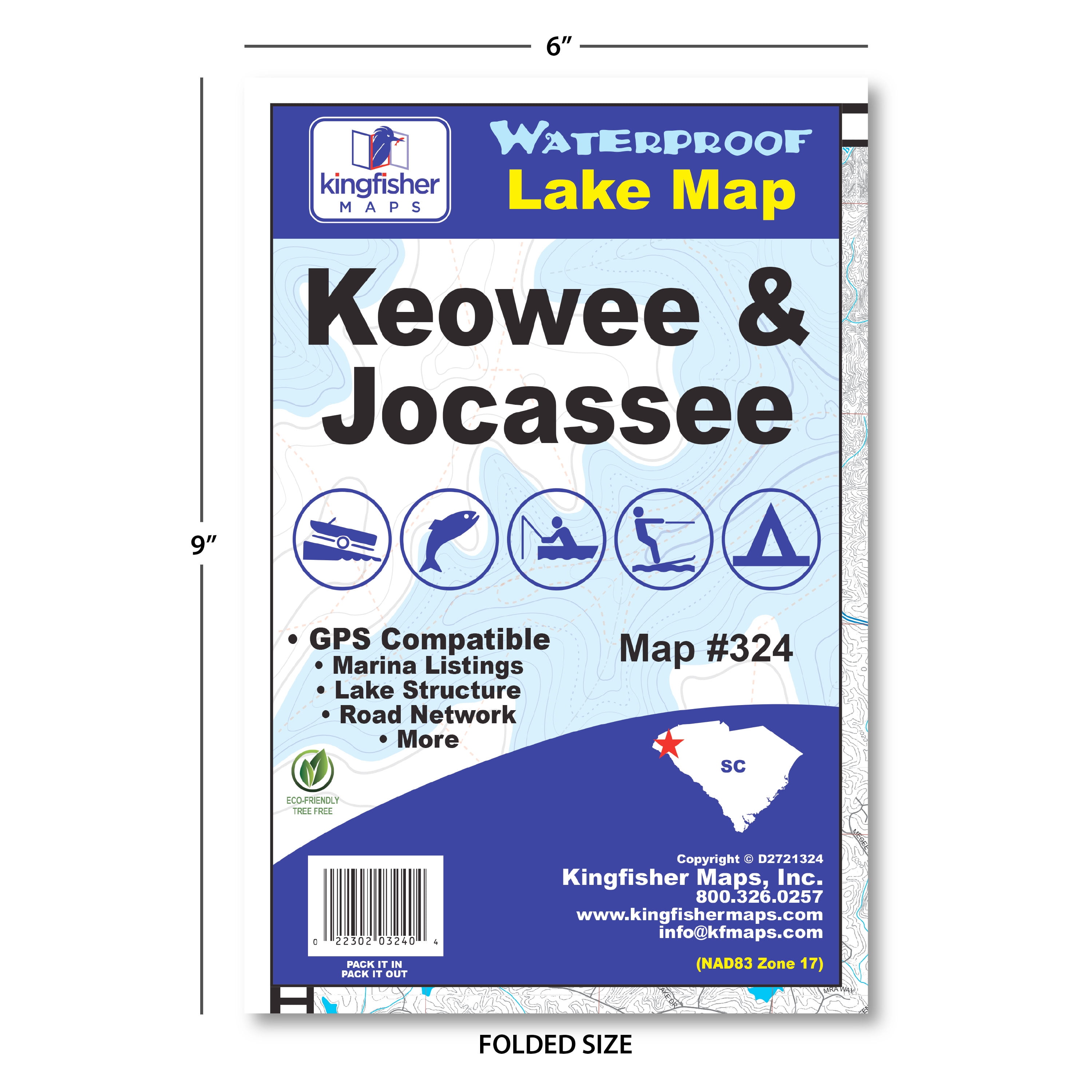 Kingfisher Maps Waterproof Lake Map Keowee & Jocassee SC, 24x36 0.2lb