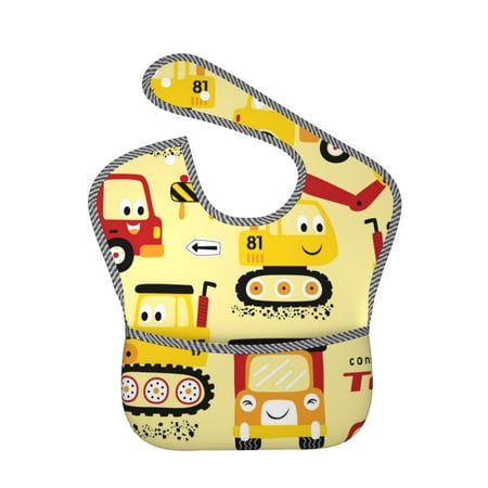 Bingfone Mess-Proof Baby Bib - Waterproof Bib For Baby Boy Or Girl With Food Catcher Pocket, Unisex-Funny Construction Vehicles
