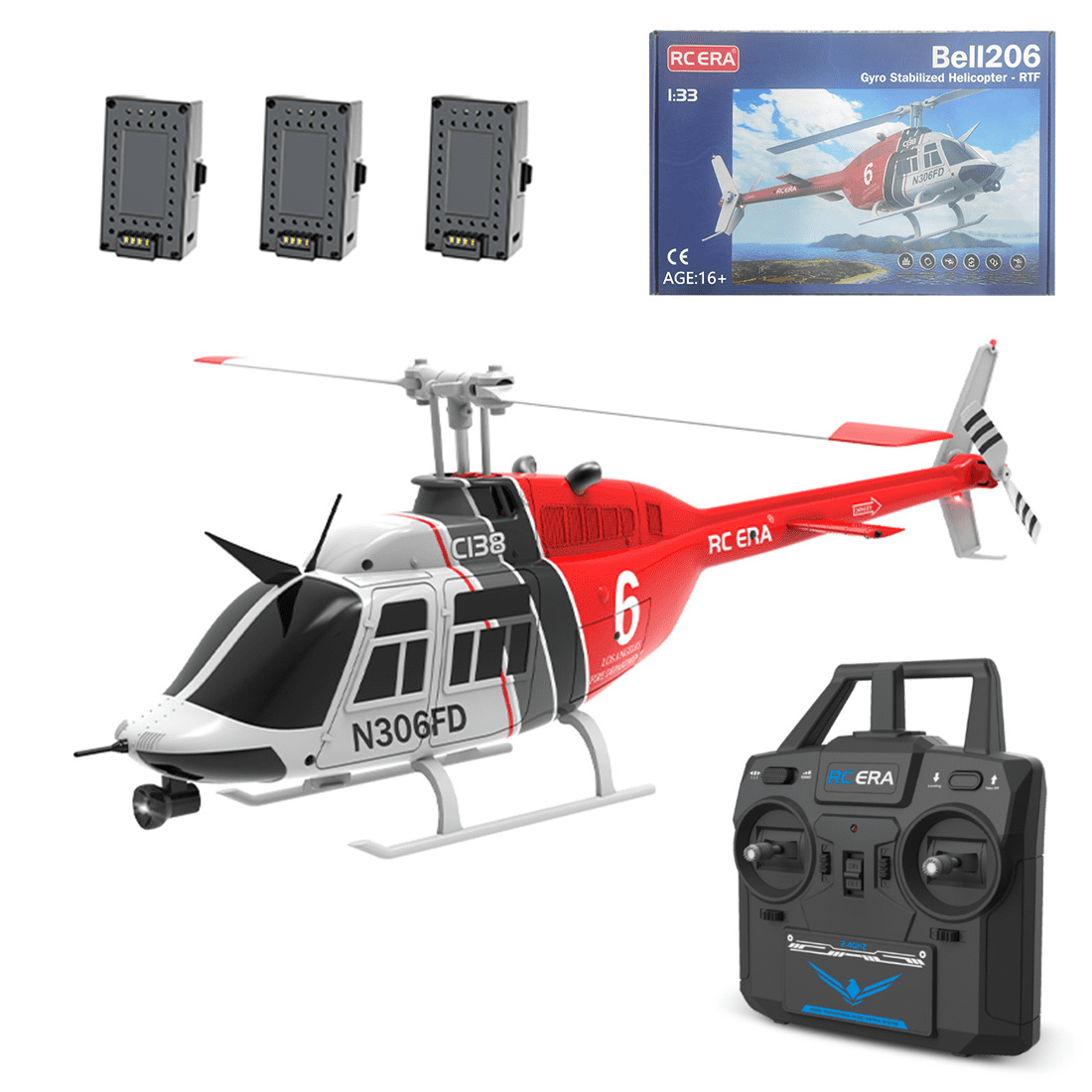 RC ERA C138 No Aileron RC Helicopter for Adults, 1/30 Scale 2.4G 6CH Bell 206 Remote Control Helicopter with Altitude Hold & Optical Flow - RTF