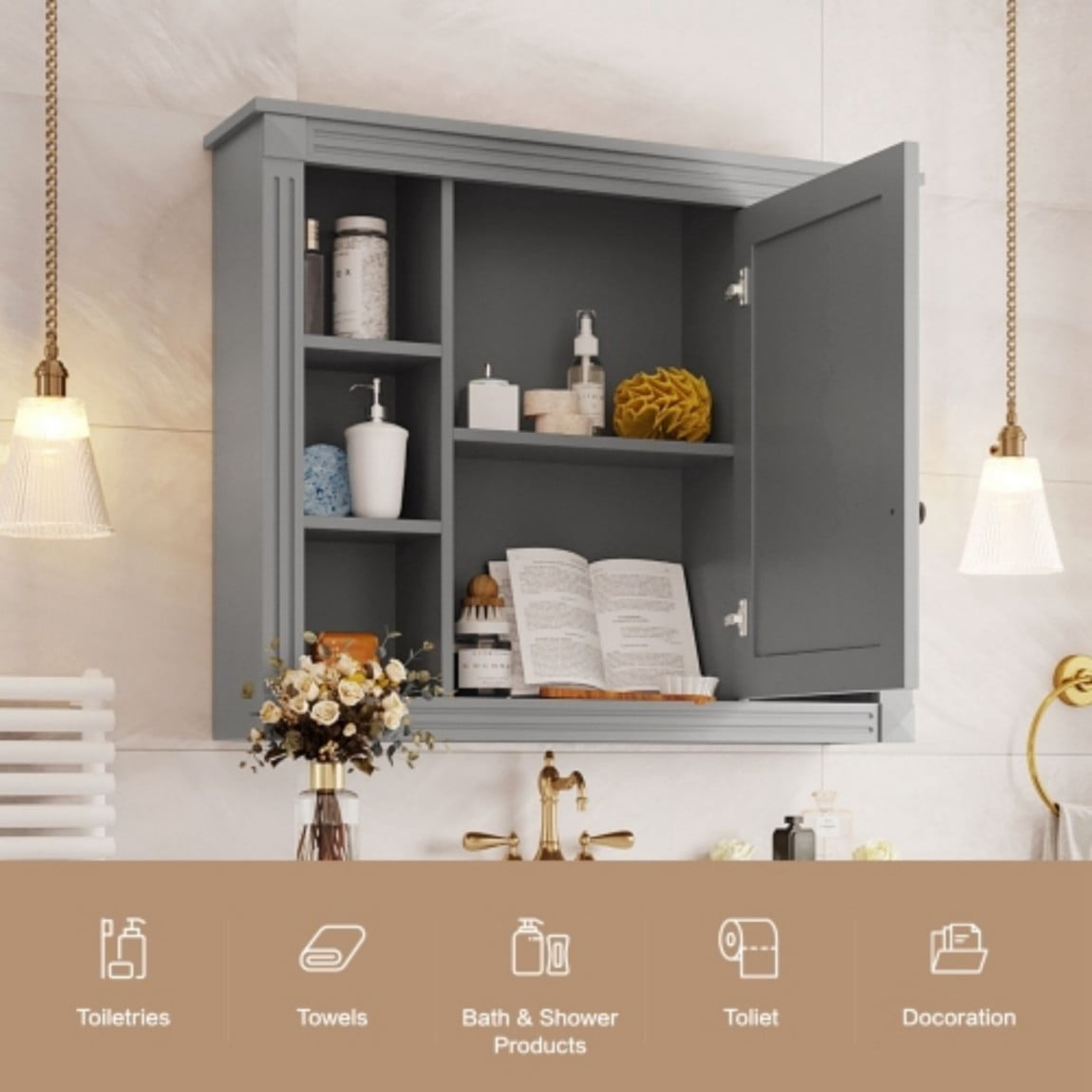 35"x 28" Wall Mounted Bathroom Medicine Cabinet with Mirror, Adjustable Shelves, Open Storage, Towel Bar, MDF Bathroom Storage Cabinet, Grey
