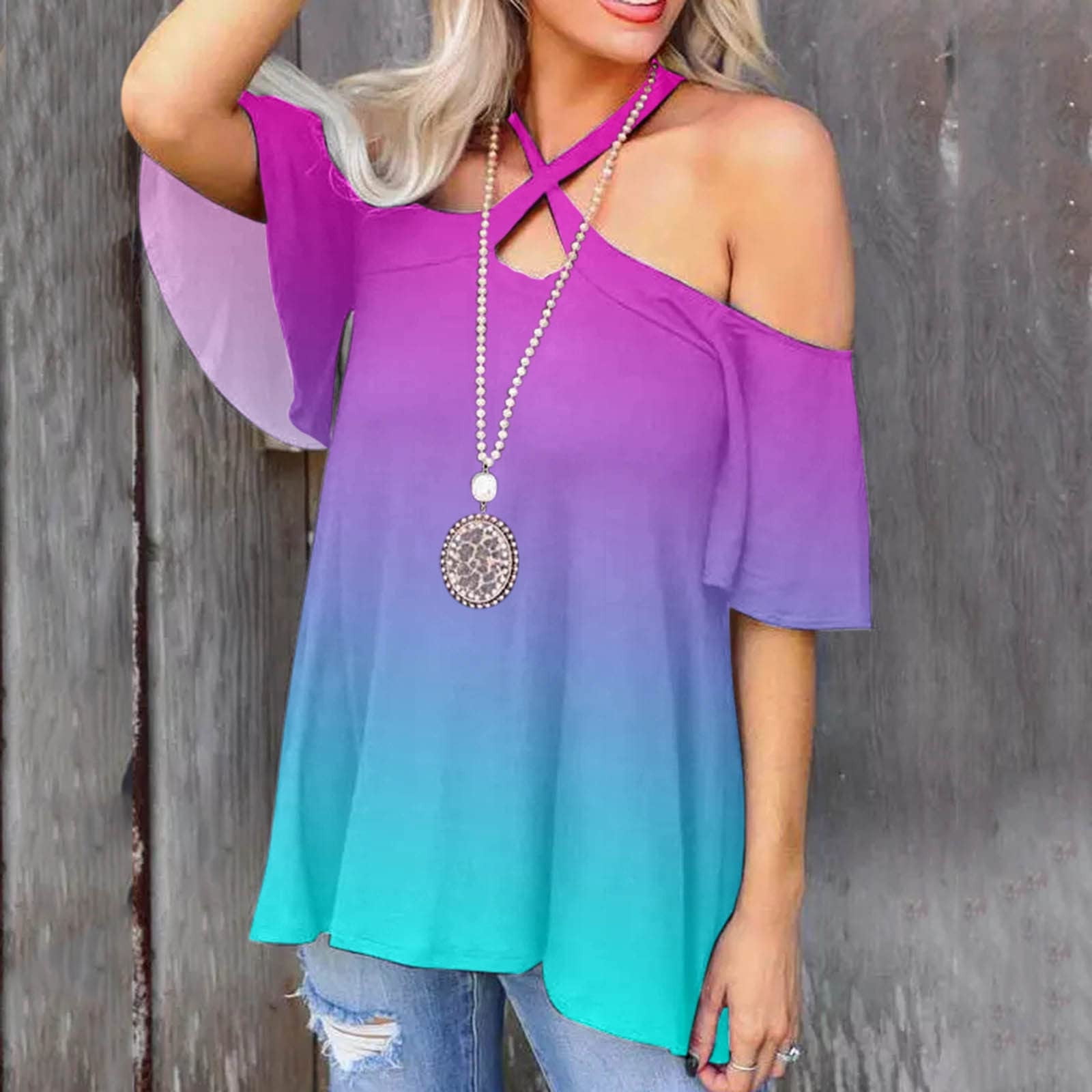 Women Short Sleeve T-Shirt Tops Cross Halter Off-Shoulder Tie-dye Boho  Floral Shirts Elegant Casual Tunics Blouse