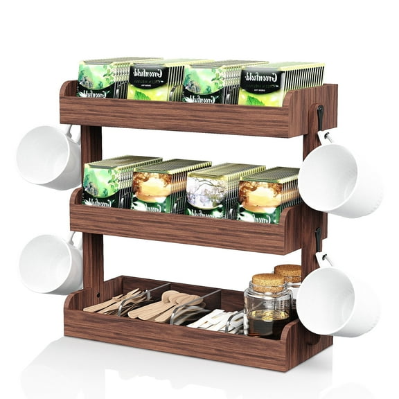 3 Tier Tea Bag Holder, Bamboo Tea Bag Organizer for Countertop, Wall Mounted Tea Box with 4 Hooks, Tea Bag Storage with Partitions for Tea Accessories, Coffee, Drink Packet