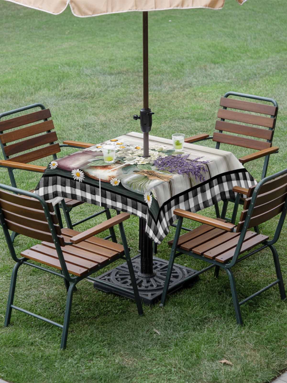 Spring Floral Outdoor Tablecloth - 60x60 Inch Square Dining Table Cover, Pastoral Bottle Flowers Wood Black Plaid Waterproof Outdoor Table Cloth with Umbrella Hole & Zipper for Picnic/Patio/Party
