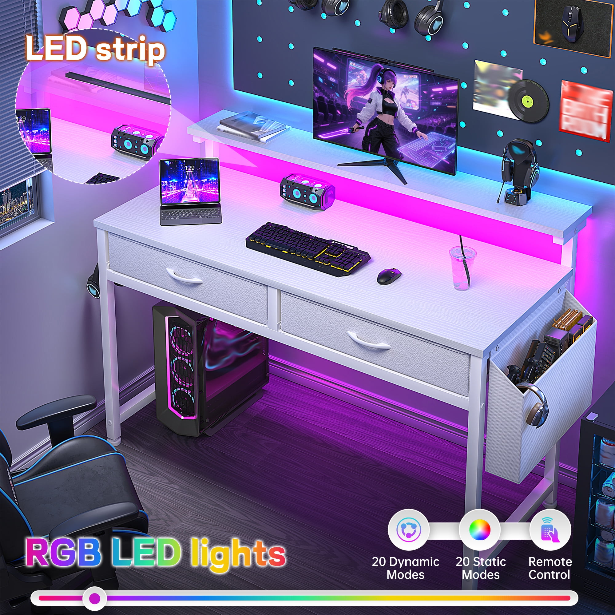 Romorgniz Computer Desk with LED Lights, 2 Fabric Drawers & Side Pocket, Small Desk with Monitor Stand for Home Office, Gaming, Small Spaces, White