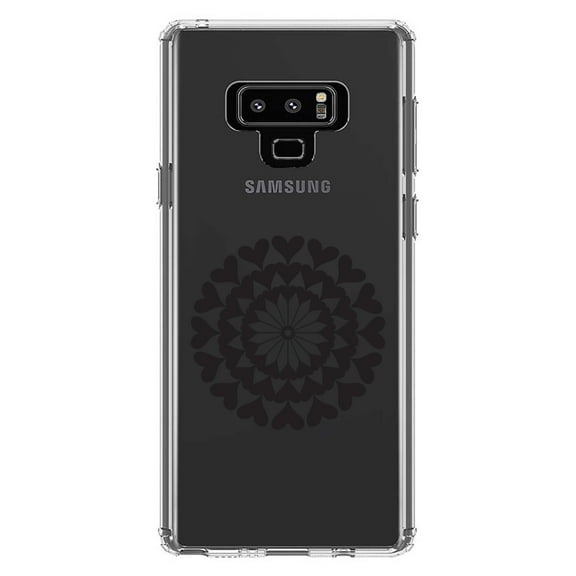 DistinctInk Clear Shockproof Hybrid Case for Samsung Galaxy Note 9 - TPU Bumper Acrylic Back Tempered Glass Screen Protector - Black Hearts Mandala