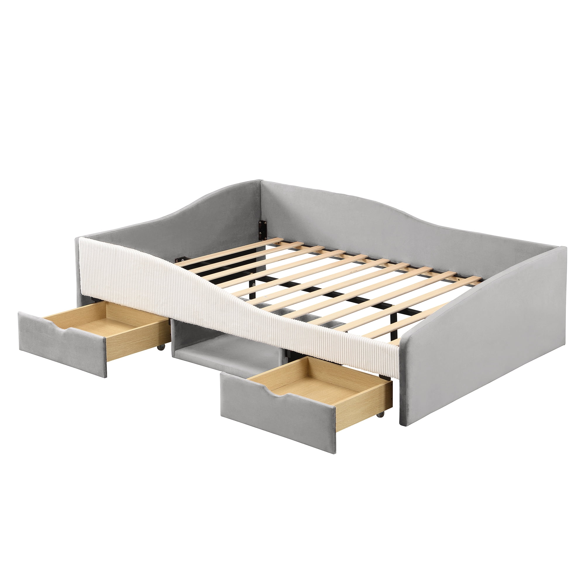 Aukfa Full Size Upholstered Daybed with 2 Storage Drawers, Shelf and Curved Guardrails, Velvet Bed Frame, Gray