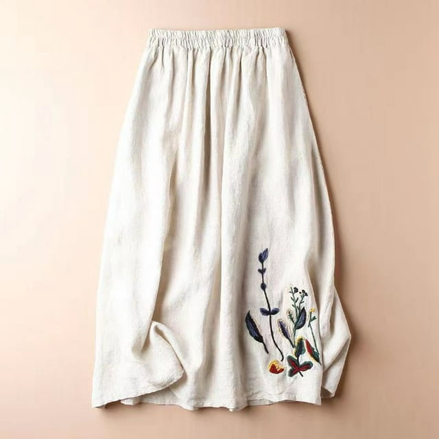 SHIXIAOO Jupe en Lin Brodée Florale pour Femmes Jupe Midi Évasée Polyvalente Jupe avec Fente Jupe Courte Tailleurs pour Dames