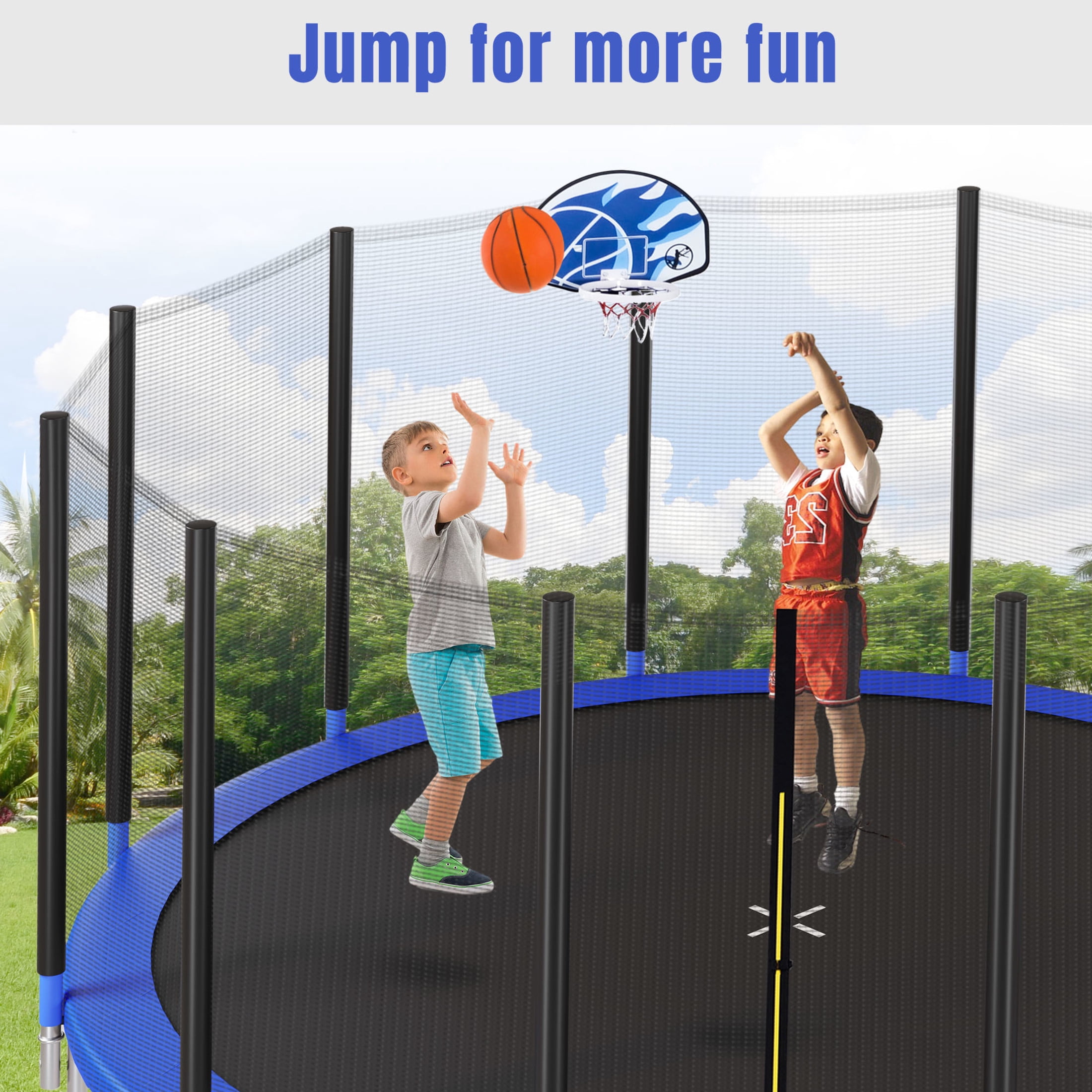 Noble House 16FT Outdoor Trampoline for Kids with Safety Net, Basketball Hoop and Ladder, Blue Metal Frame