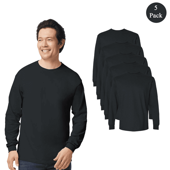 Gildan Unisex Ultra Cotton Long Sleeve T-Shirt, 5 Pack Everyday Crewneck Ribbed Collar Black Tee, S