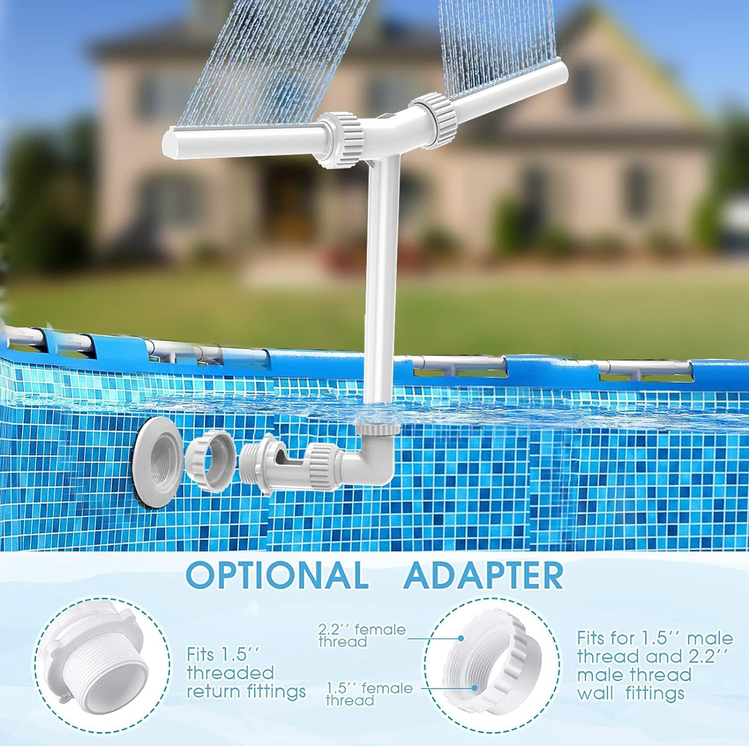 Pool Fountain, Luminous Double Spray Spa and Swimming Pool Waterfall Fountain for Above Ground/Inground Pools, Adjustable Nozzle Outdoor Garden Sprinkler Fountain Cooler
