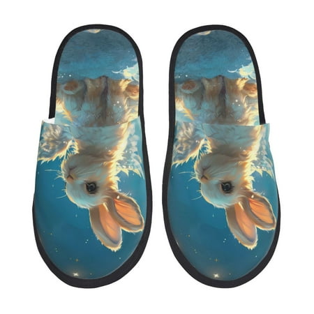 Balery Cute Angel Winged Rabbit Slient Indoor Furry Fleece Comfort House Shoes Soft Non-Slip Home Shoes Cotton slippers House Slippers-- Large