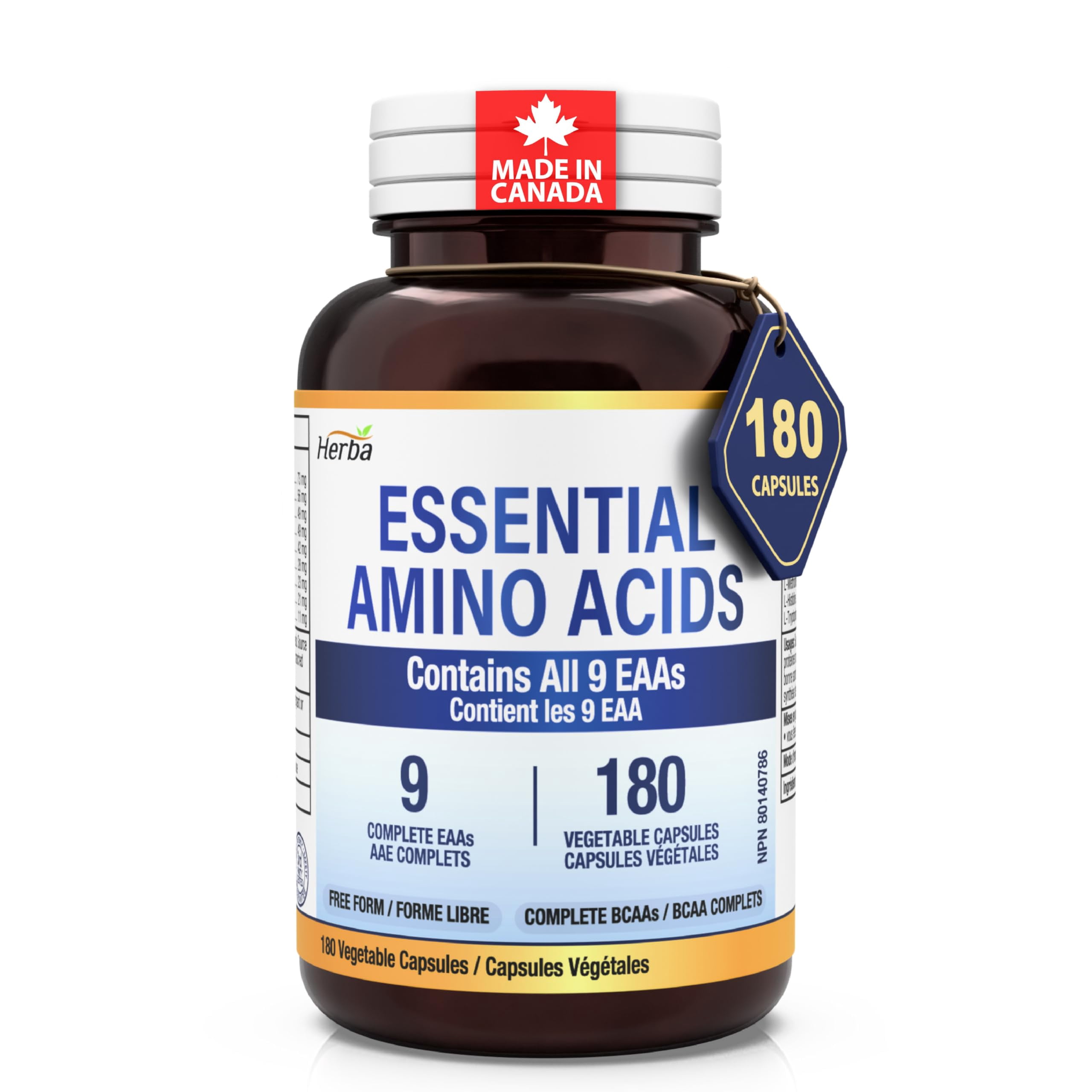 Herba Herba Essential Amino Acids Supplement – 180 Capsules | All 9 EAA Supplement in Free Form | Made in Canada