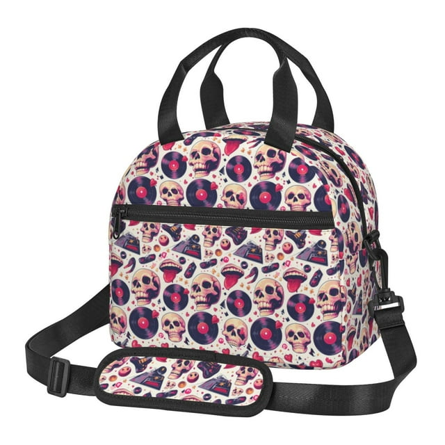 Xecao Skull lips record Guitar Pattern Thermal Tote Lunch Cooler Bag with Front Utility Pocket Lightweight Insulation Tech Gym Office Commute Ready