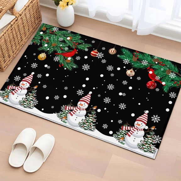 Christmas Black Bathroom Rug Washable 2x3 Entryway Rug Non Slip Winter Snowman Xmas Pine Branch Cardinal Bird Front Door Mat Low Pile Indoor Doormat Throw Floor Carpet for Kitchen Bedroom Entrance