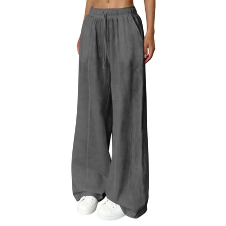 GIPQJK Womens Wide Leg Palazzo Pants Elastic High Waist Lounge Flowy Long Trousers Adjustable Tie Knot Cropped Summer Pants with Pockets Dark Gray XL