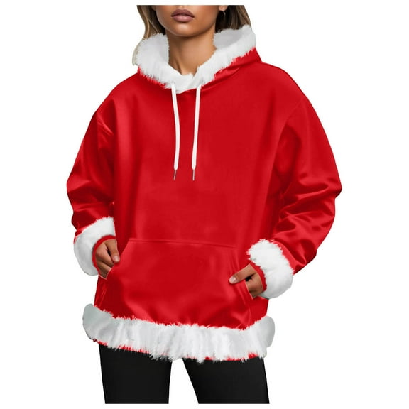 larppty Christmas Sweatshirts for Women Soft White Faux Fur Trim Fleece Hoodies Oversized Winter Pullover With Pocket (Red, L)