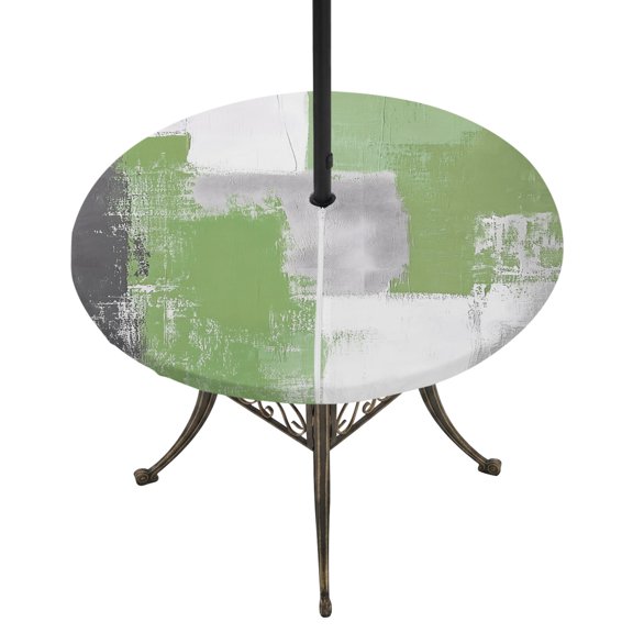 Sage Green Grey Oil Painting Round Outdoor Tablecloth with Umbrella Hole Zipper, Abstract Modern Geometric Elastic Fitted Table Cover, Waterproof Table Cloth for Patio Picnic Party Fits 36"-44"