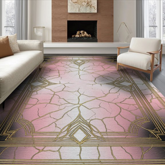 ODIKA 8'x10' Washable Area Rug Abstract With Modern Gold Veined Border Accents Marble Gradient Refined for Living Room, Under Sectional, Family , Durable, Non-Slip