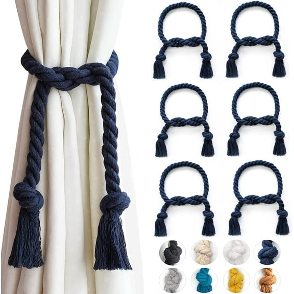 6 Pack Outdoor Curtain Tiebacks Rope, Natural Cotton Curtain Holders, Village Rural Rustic Curtain Holdbacks, Farmhouse Nautical Curtain Rope Tie Back for Drapery Patio, (Navy Blue)