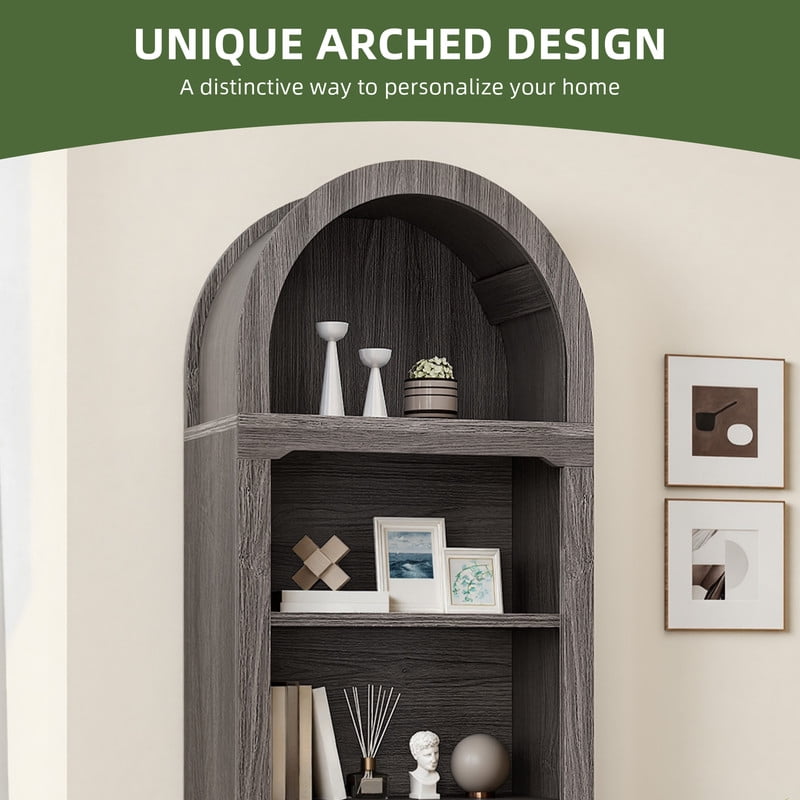 Uforic 5 Tiers Arched Bookshelf, 68.5" Tall Modern Bookcase Display Storage Rack Wooden Bookshelves, Gray