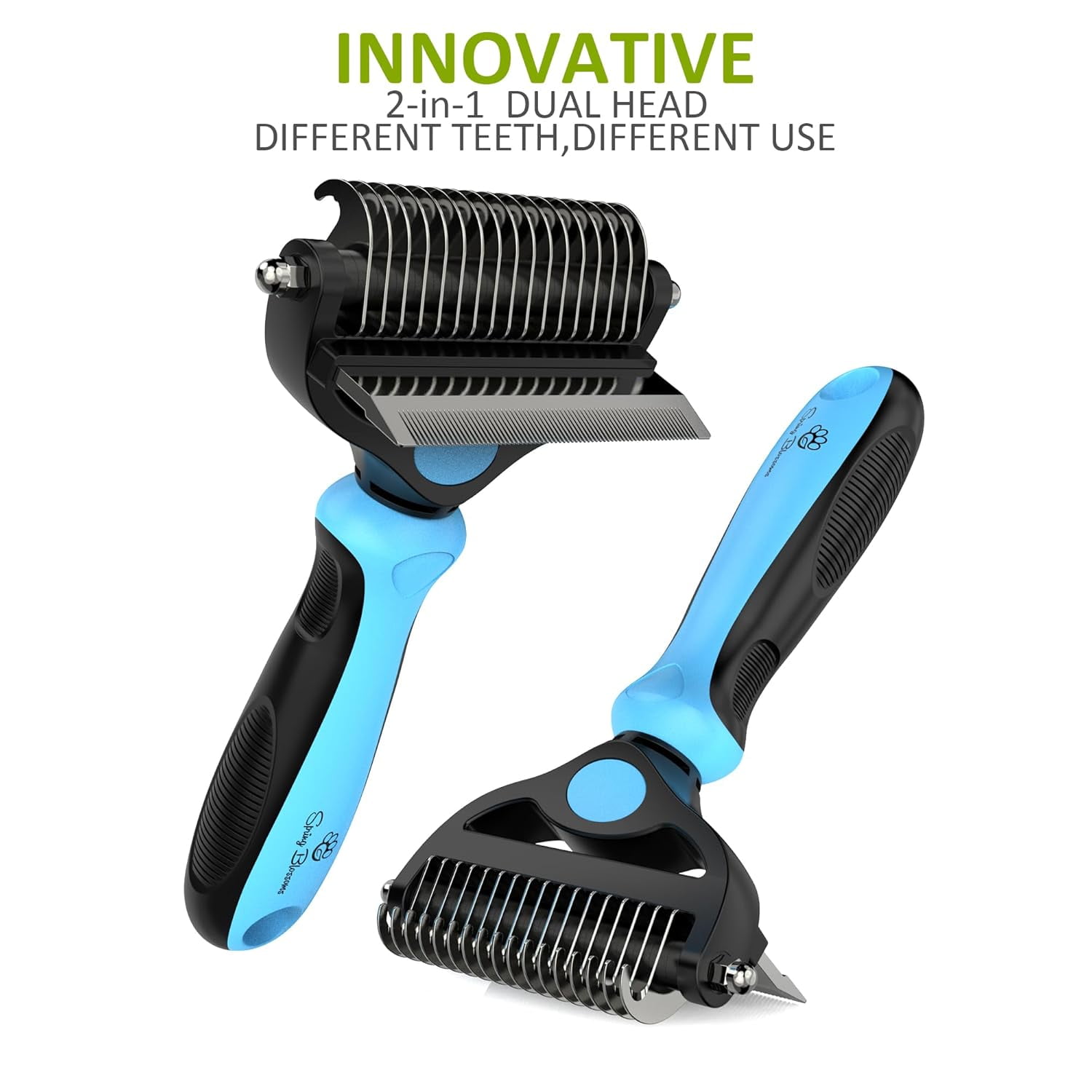 Spring Blossoms 2 in 1 Professional Grooming Rake for Cats & Dogs-Dematting Comb for Easy Mats & Tangles Removing,Hair Removal Cleaner for Pets(Blue)