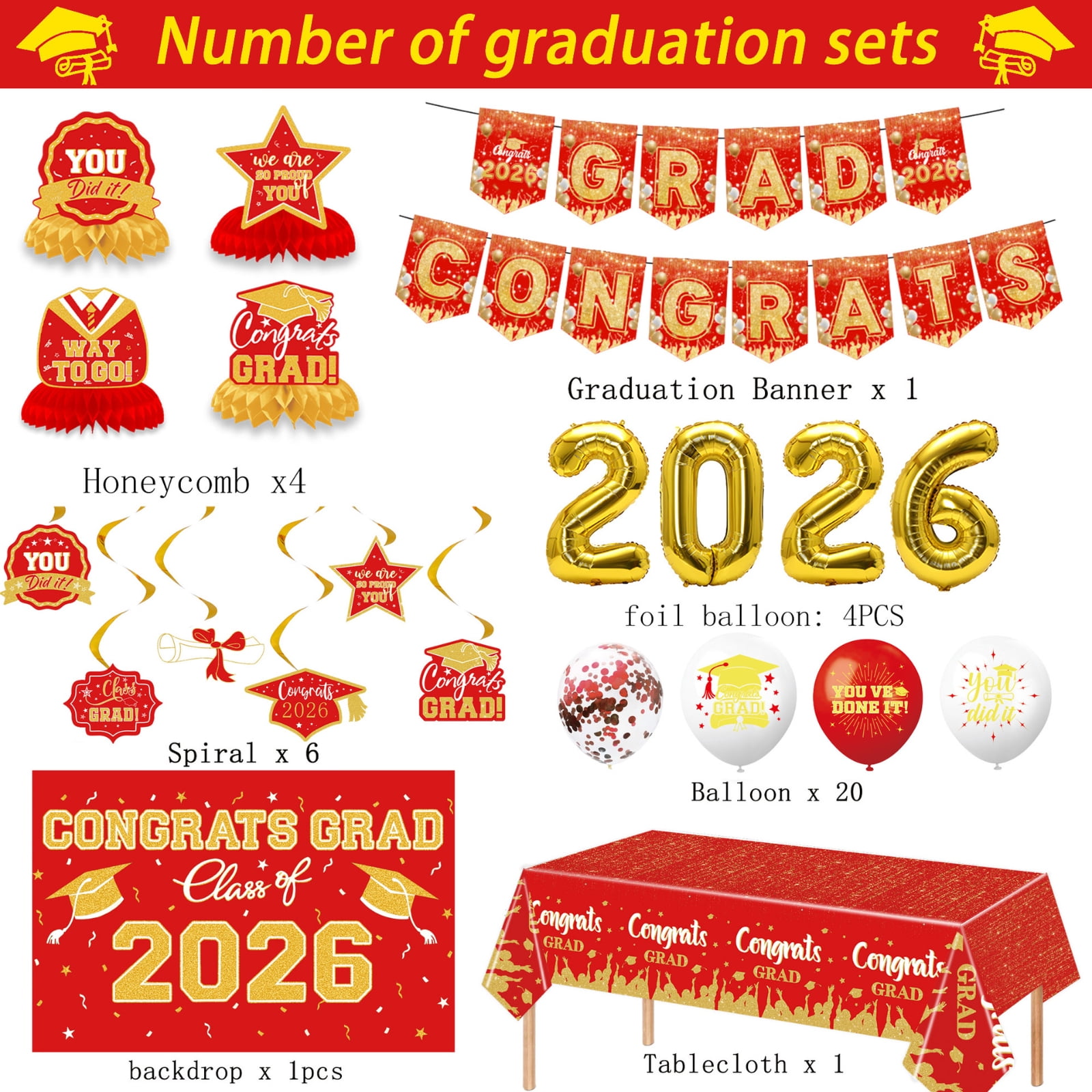 Graduation Decorations 2026, Graduation Party Supplies, Red and Gold Balloons, Gold Confetti Balloons, Congrats Grad 2026 Banner, 14 Pc Kit, Graduation Cap Decorations, Graduation