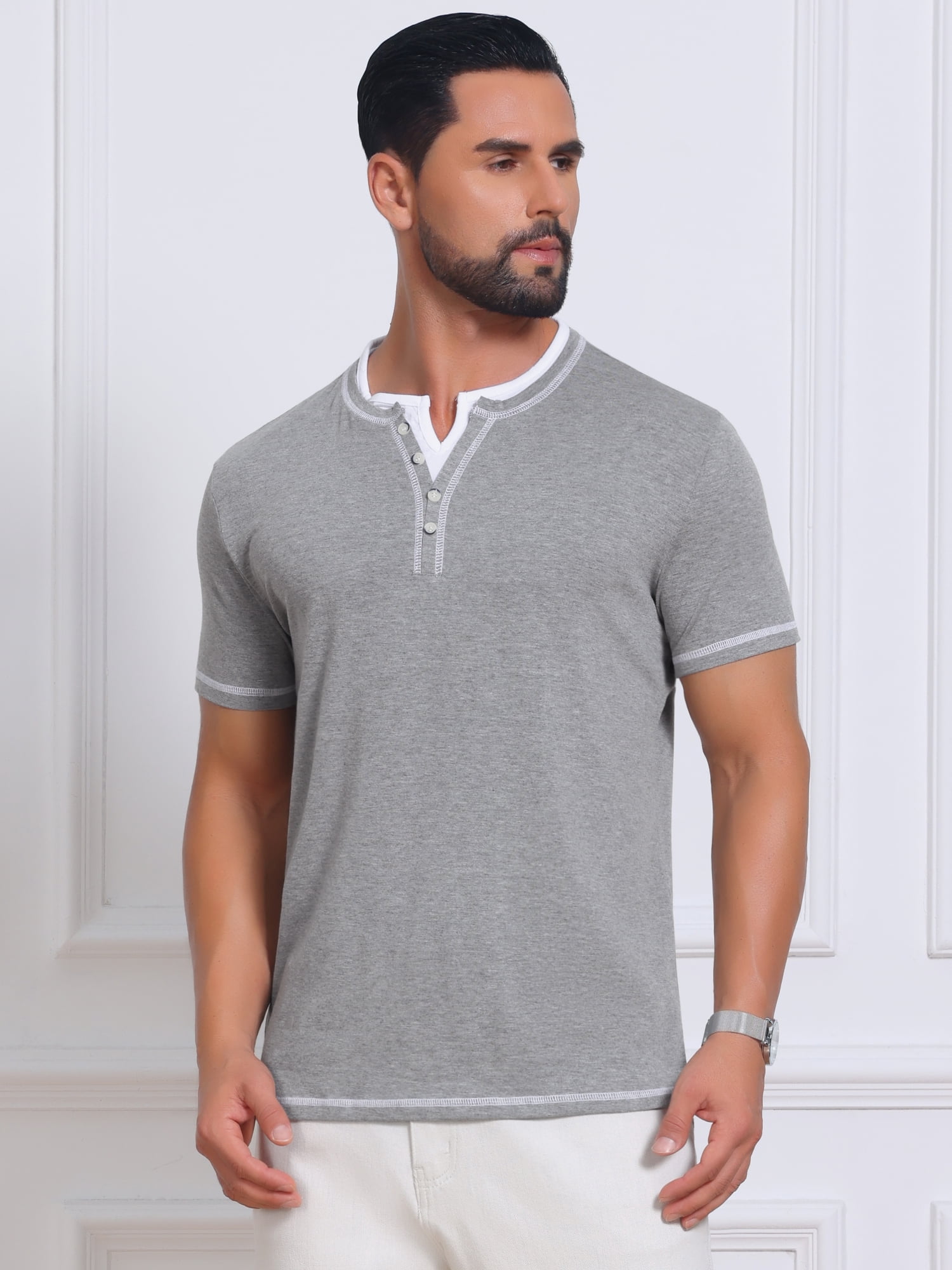 DARING DIVA Men's Henley V-Neck Colorblock Button Down Short Sleeve T-Shirt M Light Gray