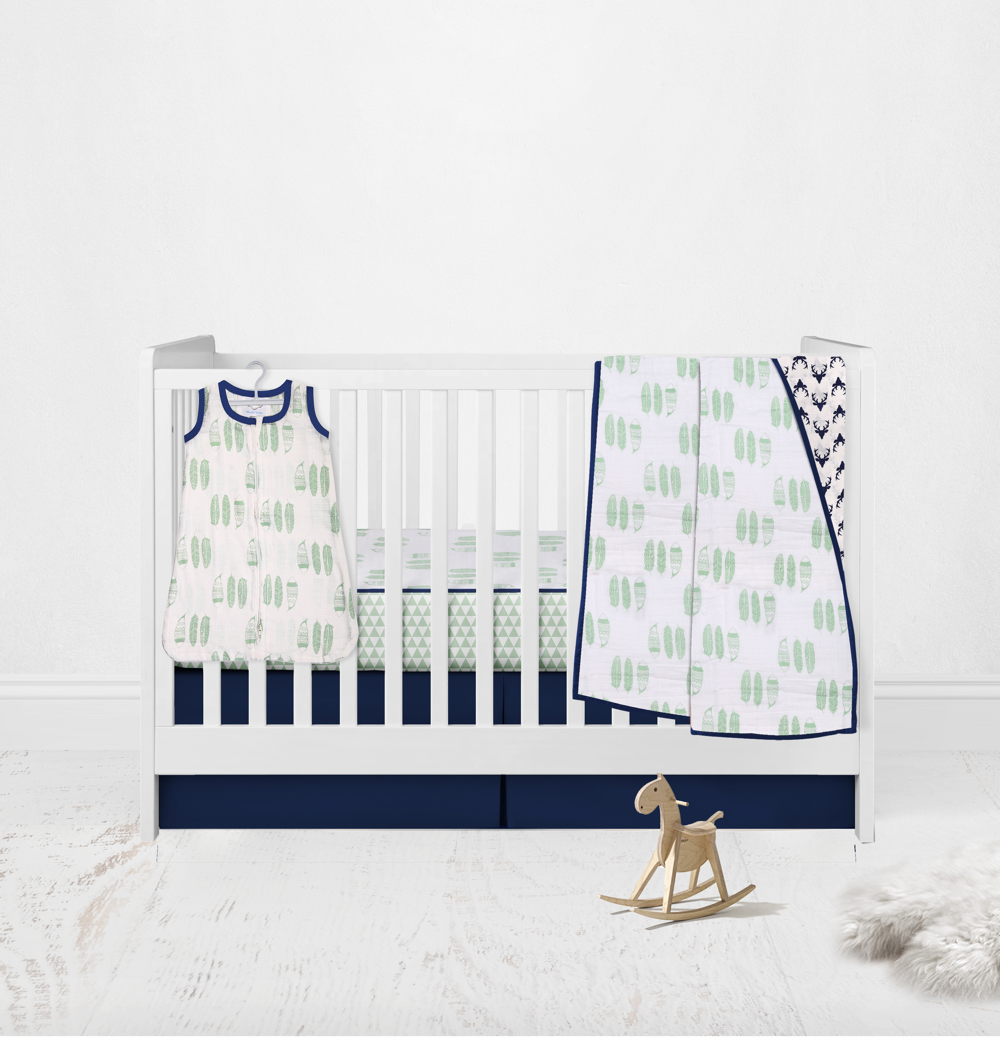 Bacati - Tribal Mint/Navy Feathers Buck Triangles Muslin Boys Crib Bedding Set