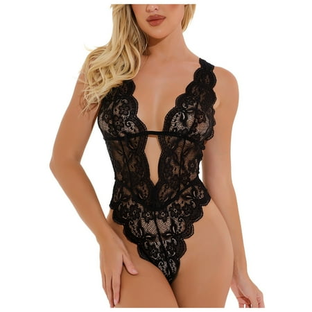 Women Sexy Lace One-Piece Lingerie Deep V Teddy Bodysuit