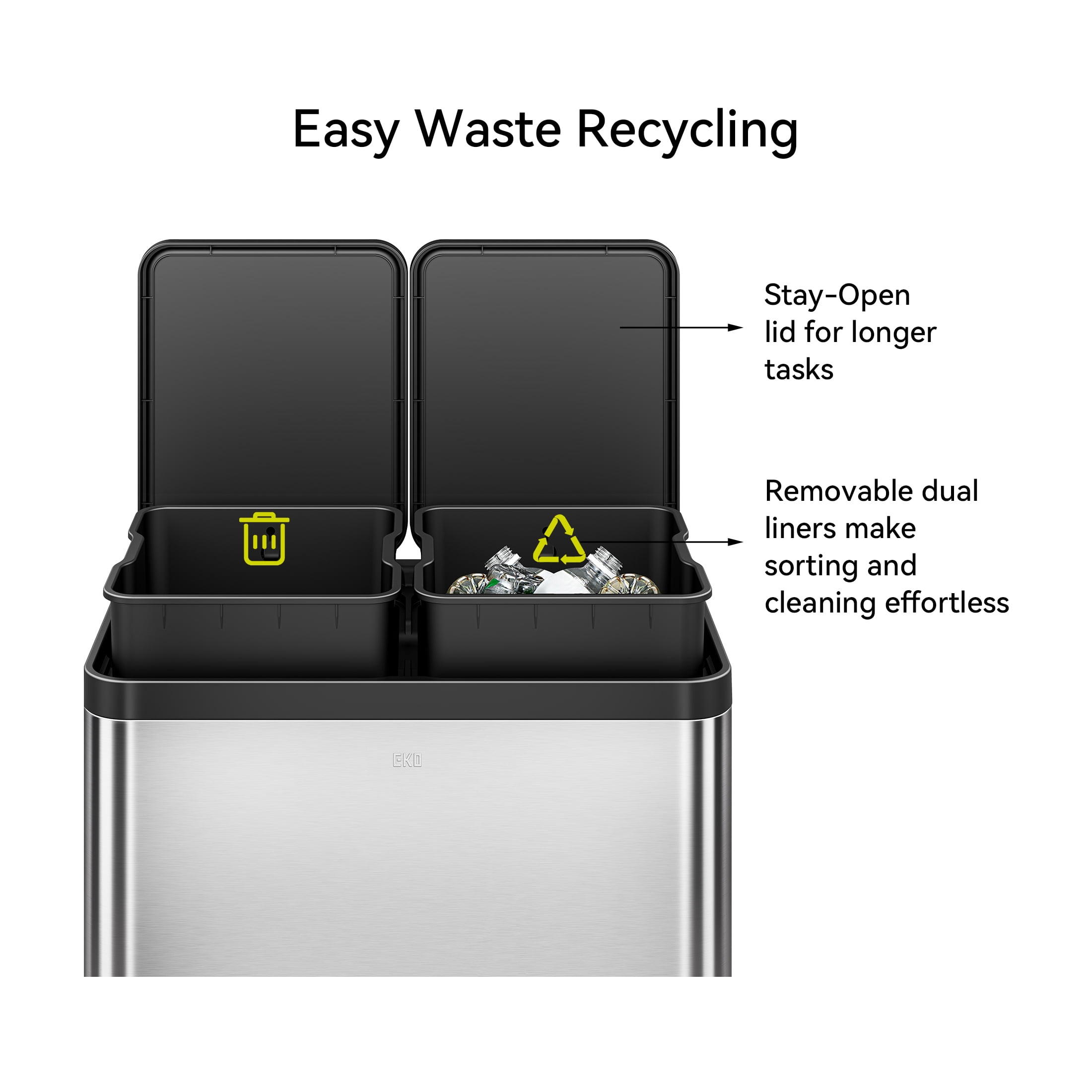 EKO Essential Kitchen Recycling Trash Can, 16 Gallon, Stainless Steel, Silver with Sample Trash Bags Included