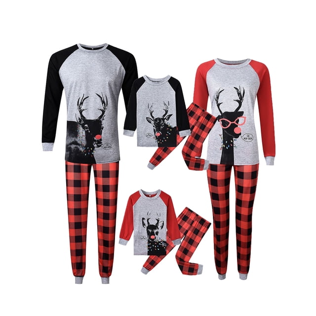 Conjunto de Pijamas Navideñas Familiares, Pijamas Familiares de Manga Larga, Top con Estampado de Alces y Pantalón de Cuadros Negros y Rojos,Niña-S XBTCLXEBCO GL017-QZ13832D1