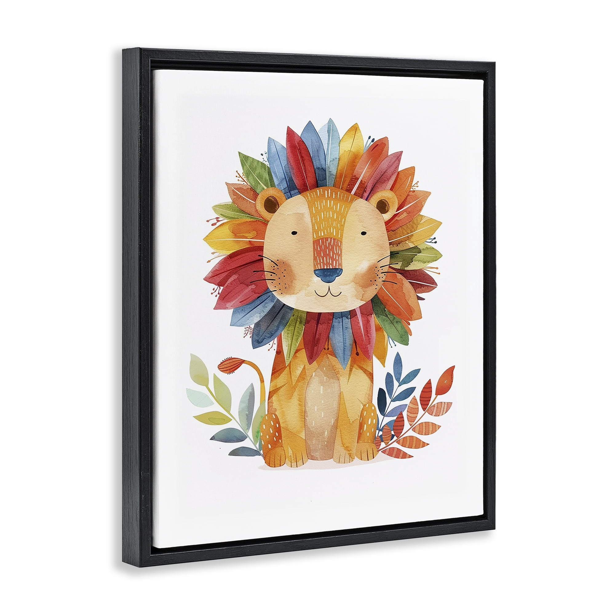 Stupell Industries Rainbow Blooms Lion Animals Painting Black Floater Framed Canvas Art Print Wall Art, 25 x 31