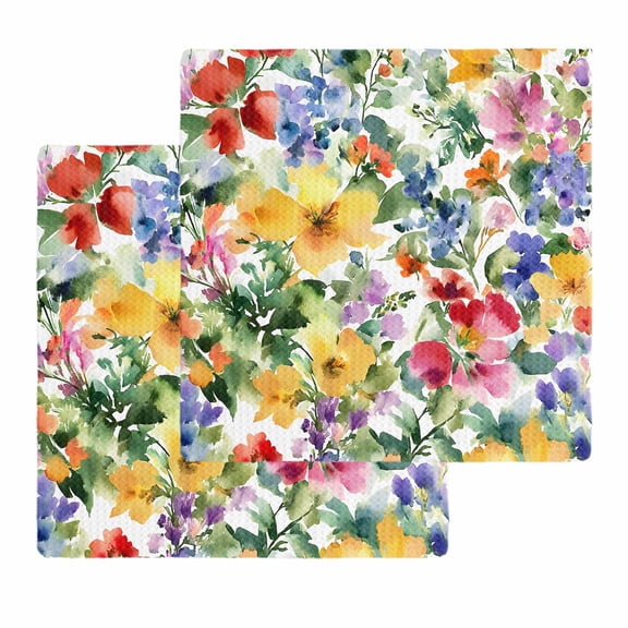 Green Yellow Floral Kitchen Dish Towels for Drying Dishes Set of 2, Purple Blue Watercolor Retro Leaf Waffle Weave Microfiber Hand Tea Bathroom Towels Quick Dry & Absorbent Towel 12x12