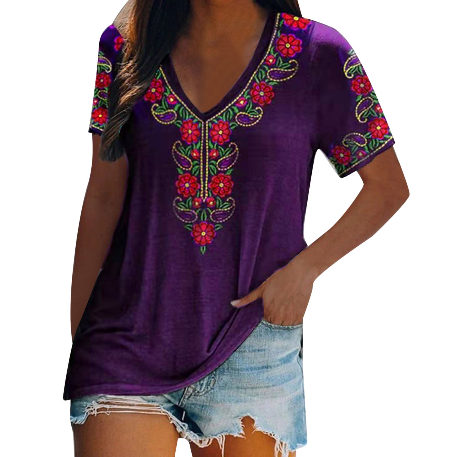 Bohemian Floral Embroidered Tops For Women V Neck Mexican Shirts 3/4 Sleeve Casual Loose Ethnic