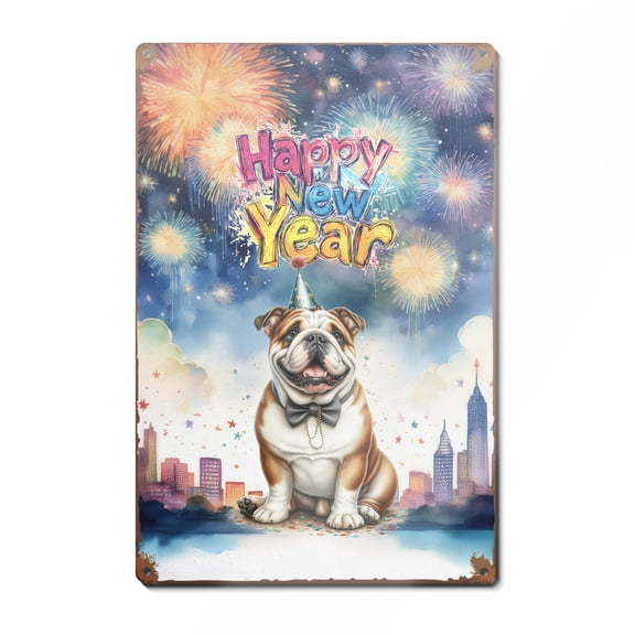 Happy New Year with Bulldog Fireworks Holiday Xmas Winter 2025 Vertical Metal Aluminum Sign Dog Lover Gifts Idea Wall Art Home Decor - 00025